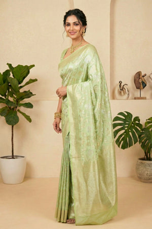 Ethereal Pastel Mint Green Soft Silk Saree with Floral Weaves