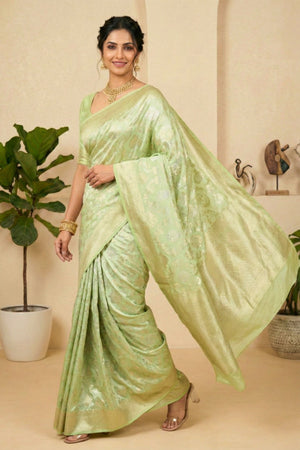 Ethereal Pastel Mint Green Soft Silk Saree with Floral Weaves
