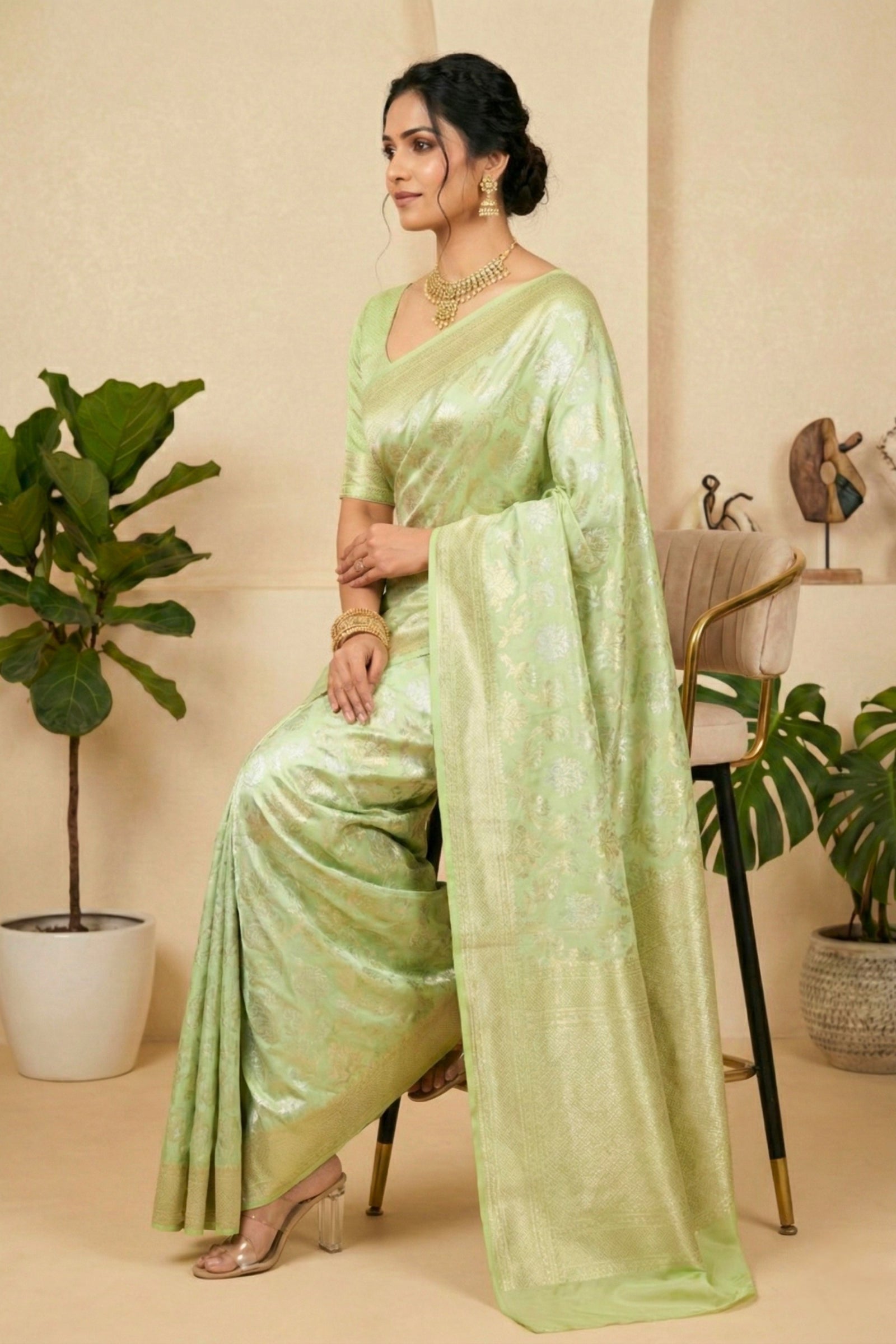 Ethereal Pastel Mint Green Soft Silk Saree with Floral Weaves