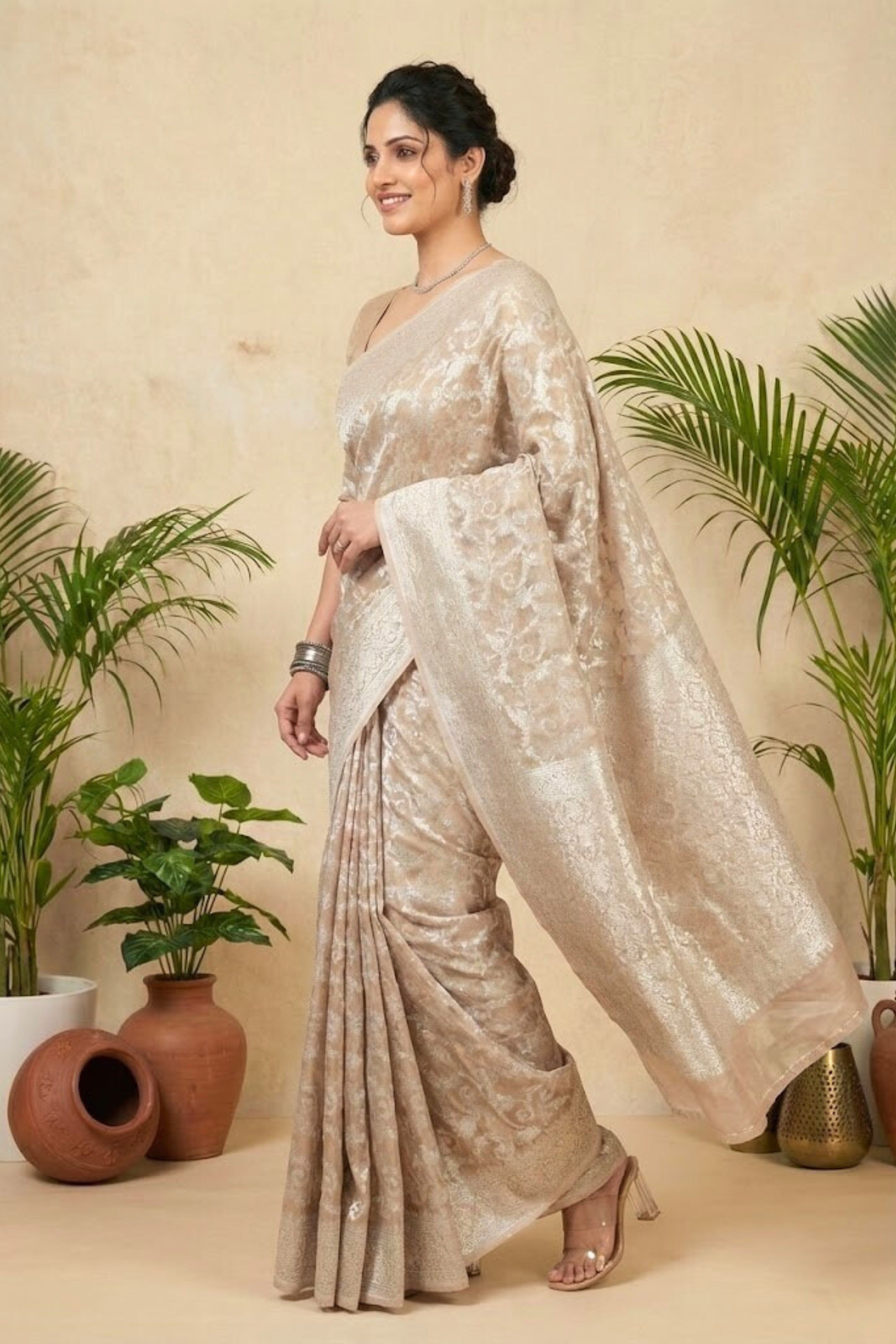 Champagne Beige Georgette Tissue Saree