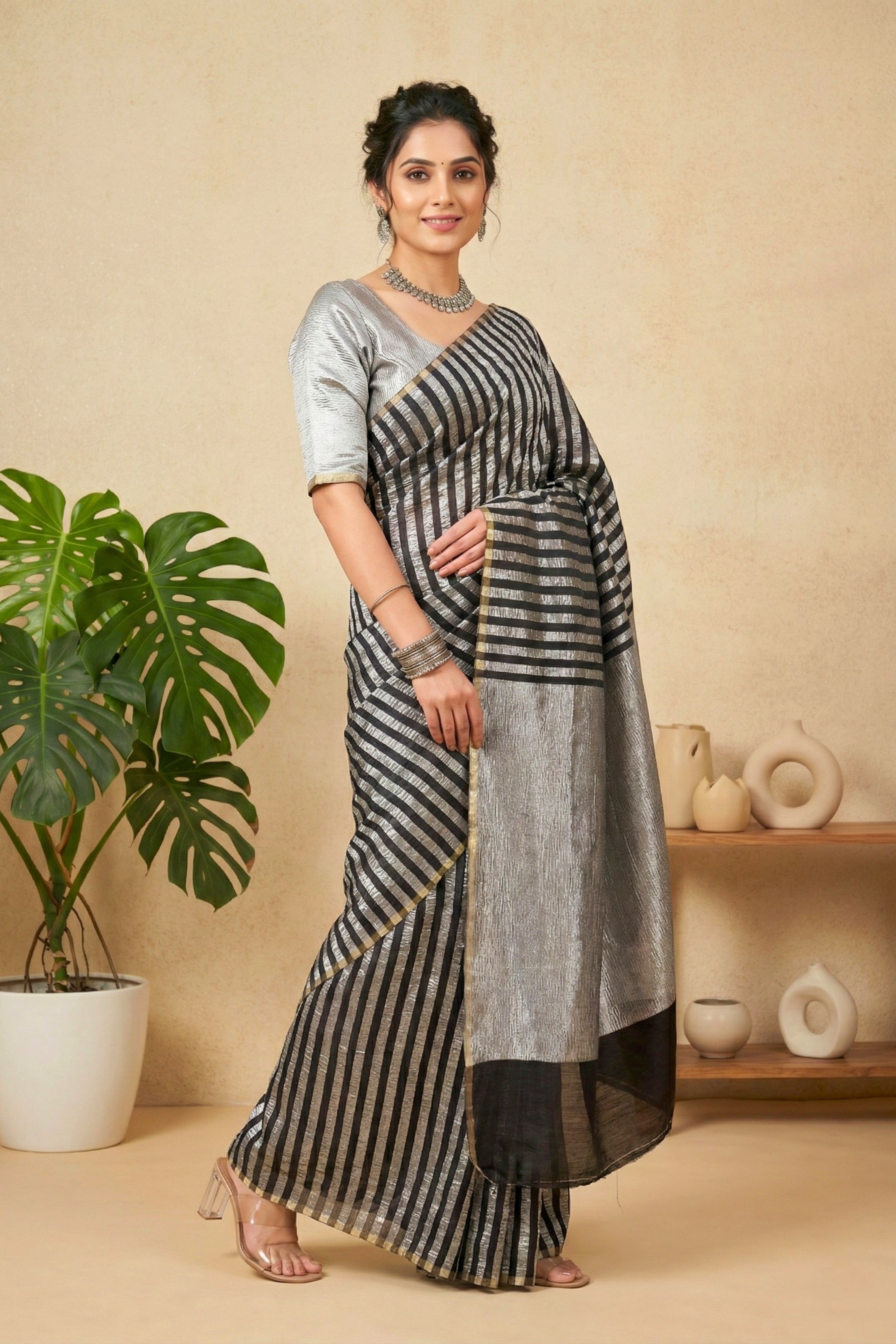 Ebony Black & Metallic Silver Moonga Silk Saree