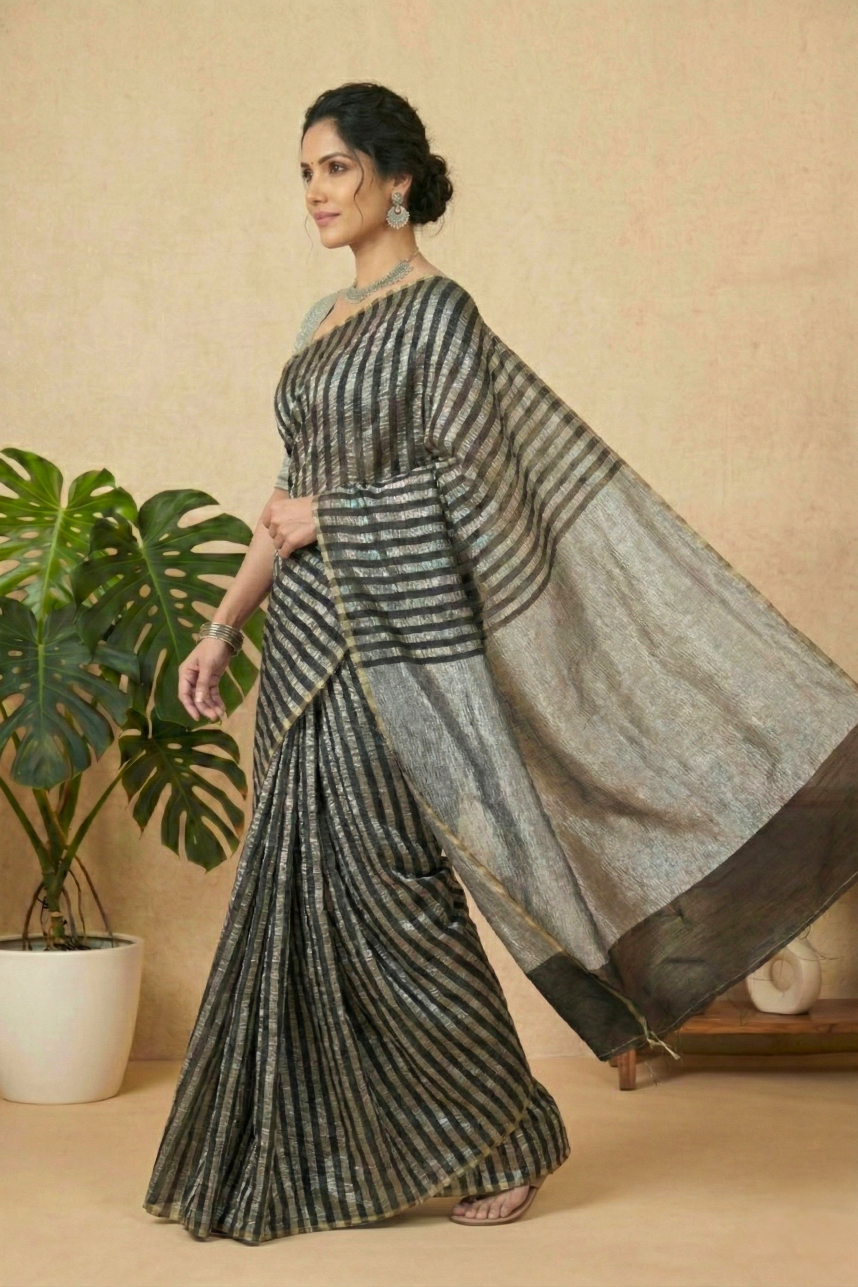 Ebony Black & Metallic Silver Moonga Silk Saree