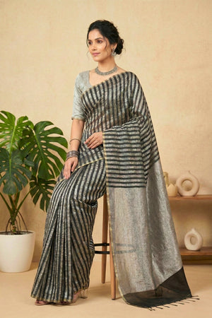 Ebony Black & Metallic Silver Moonga Silk Saree