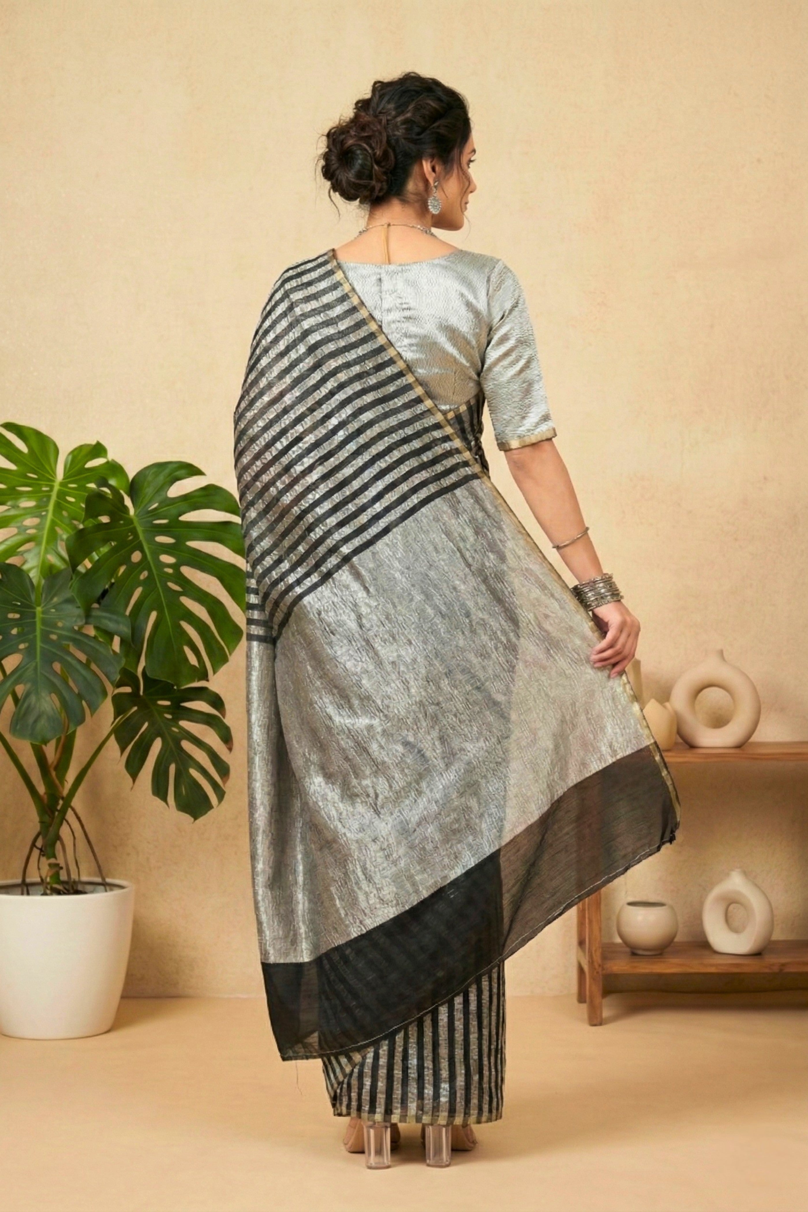 Ebony Black & Metallic Silver Moonga Silk Saree