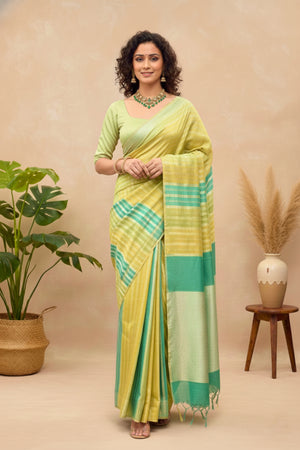 Lime & Teal Striped Moonga Silk Saree