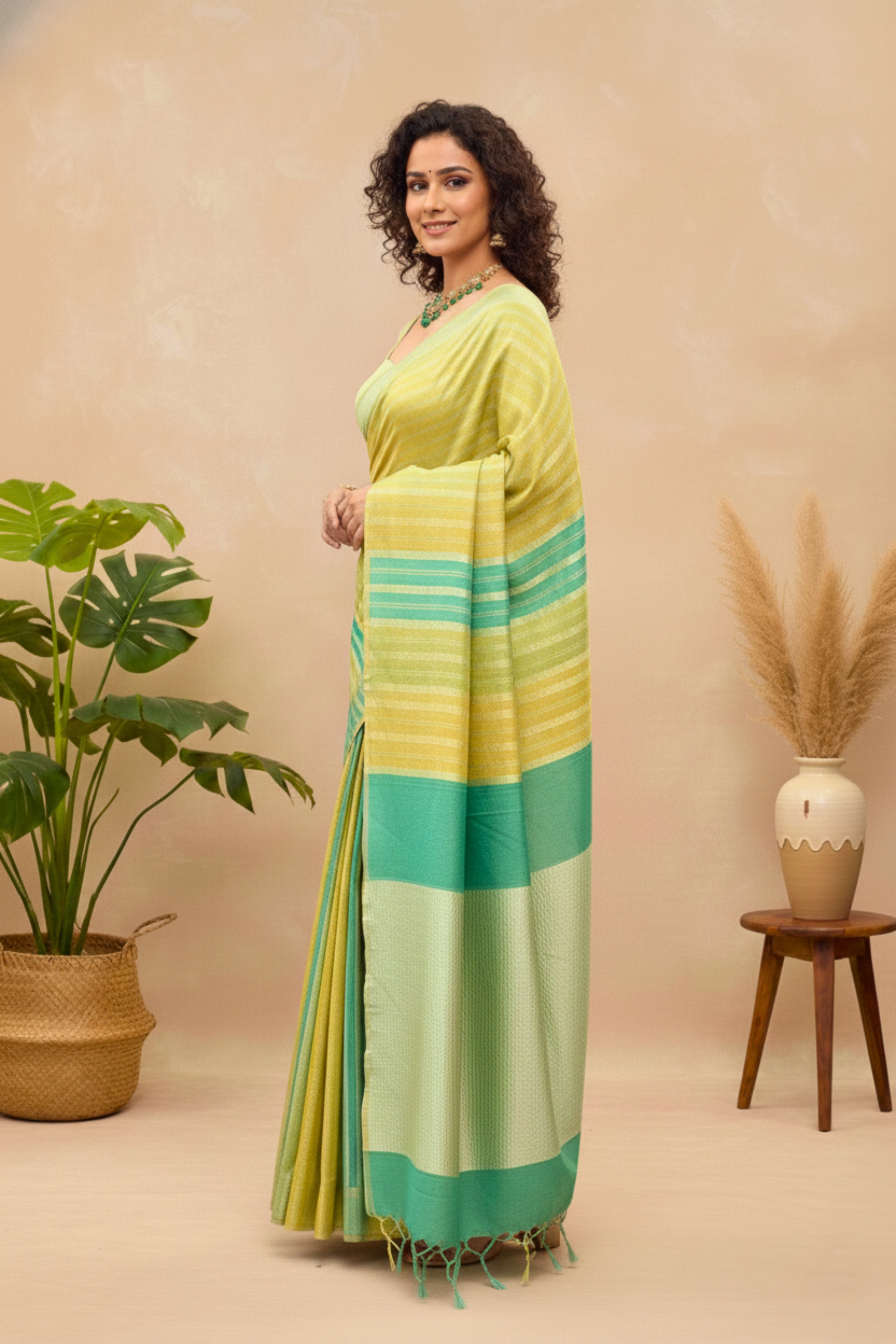 Lime & Teal Striped Moonga Silk Saree