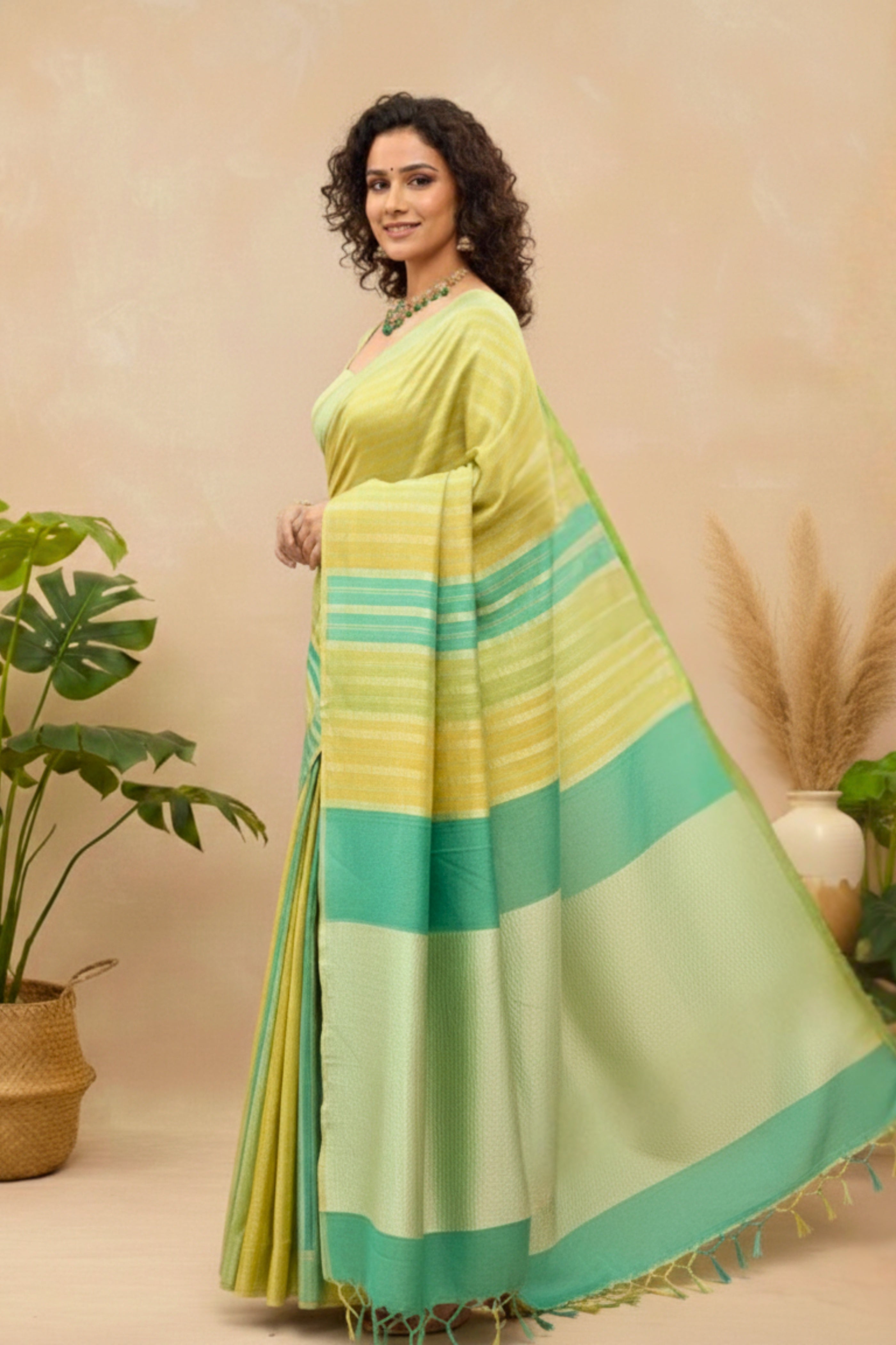Lime & Teal Striped Moonga Silk Saree