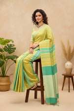 Lime & Teal Striped Moonga Silk Saree