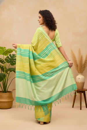 Lime & Teal Striped Moonga Silk Saree