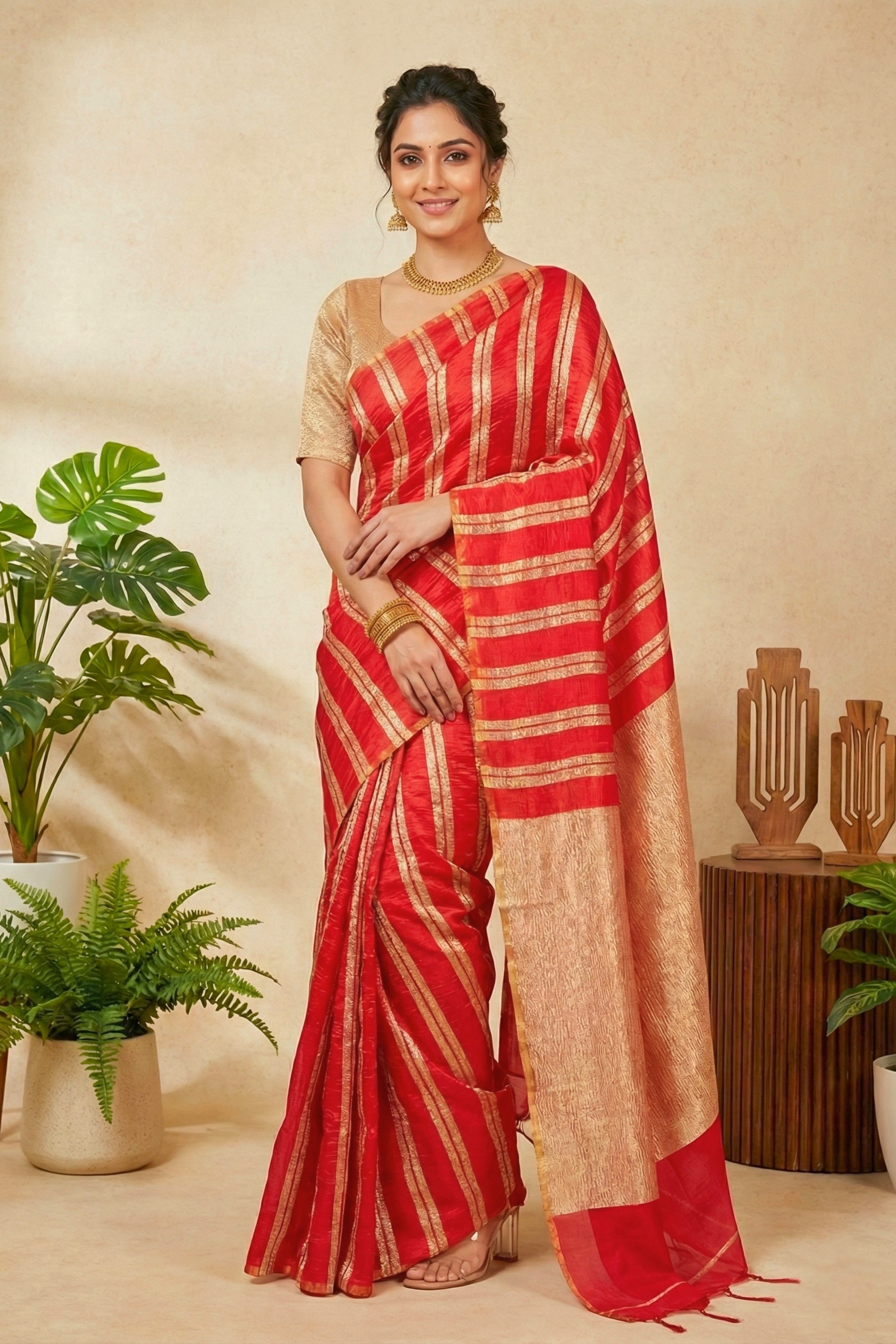 Red with Gold Zari Stripes Raw Mango Silk Saree