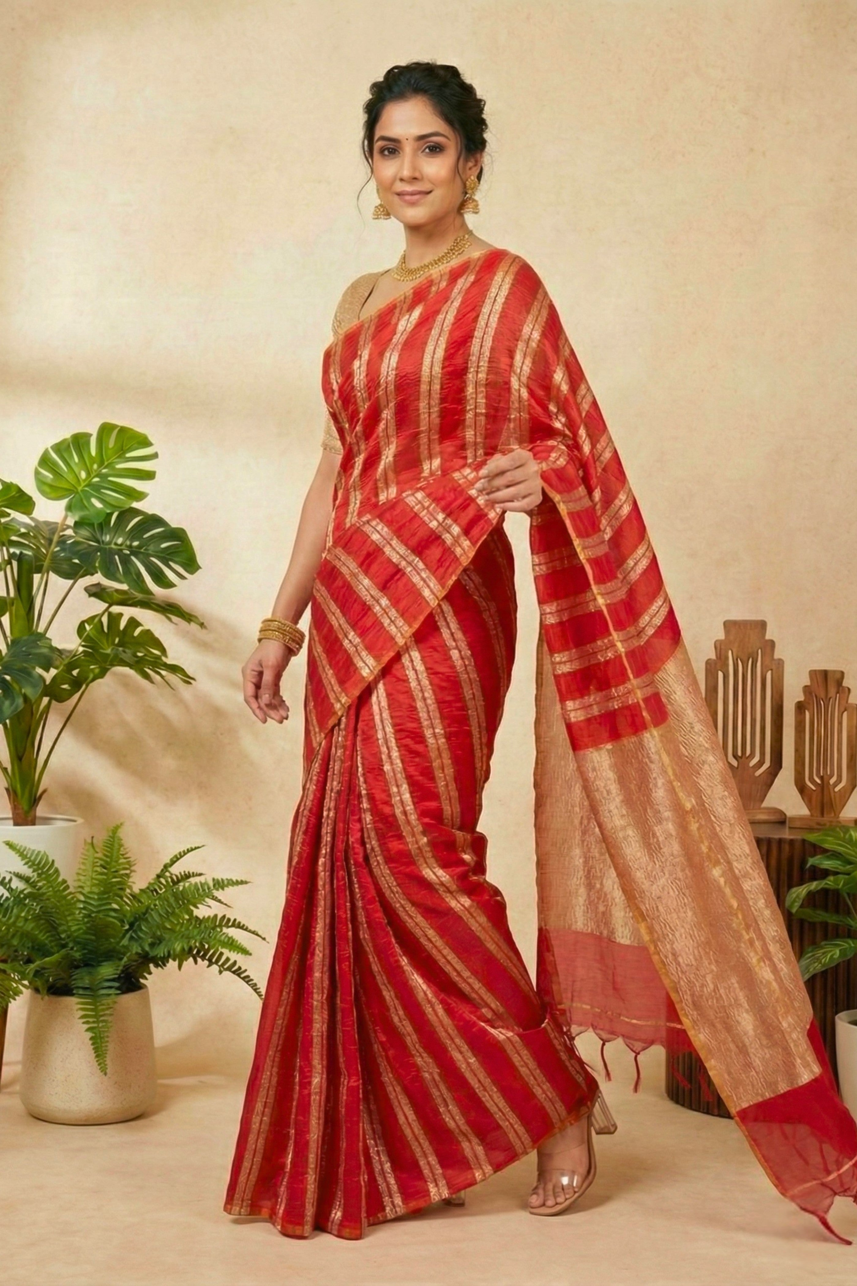 Red with Gold Zari Stripes Raw Mango Silk Saree
