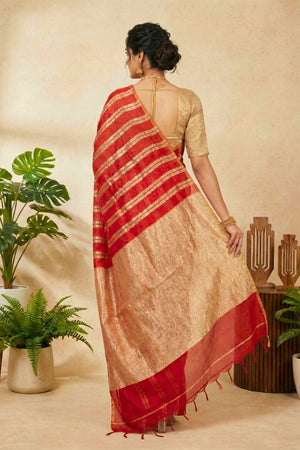 Red with Gold Zari Stripes Raw Mango Silk Saree
