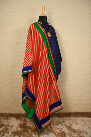 Navy blue taby silk suit pc with Red leheriya Banarasi silk dupatta