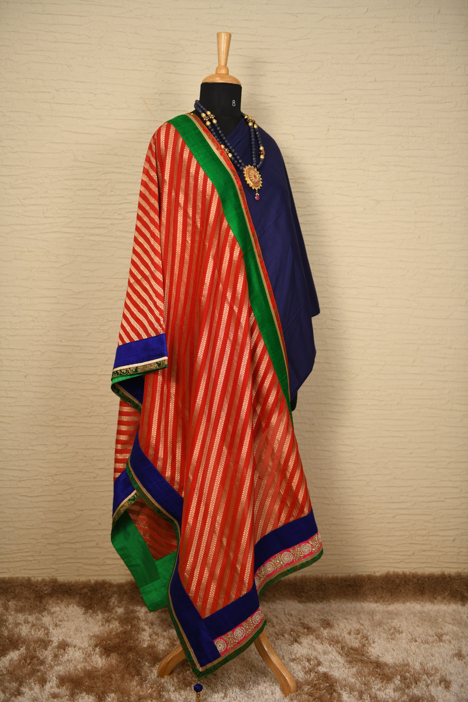 Navy blue taby silk suit pc with Red leheriya Banarasi silk dupatta