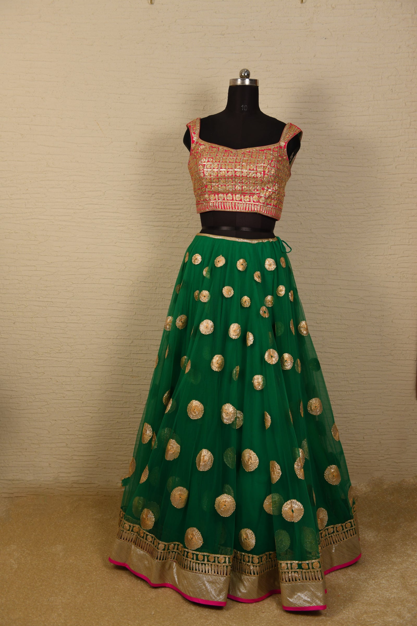 Green and rani pink gota lehenga