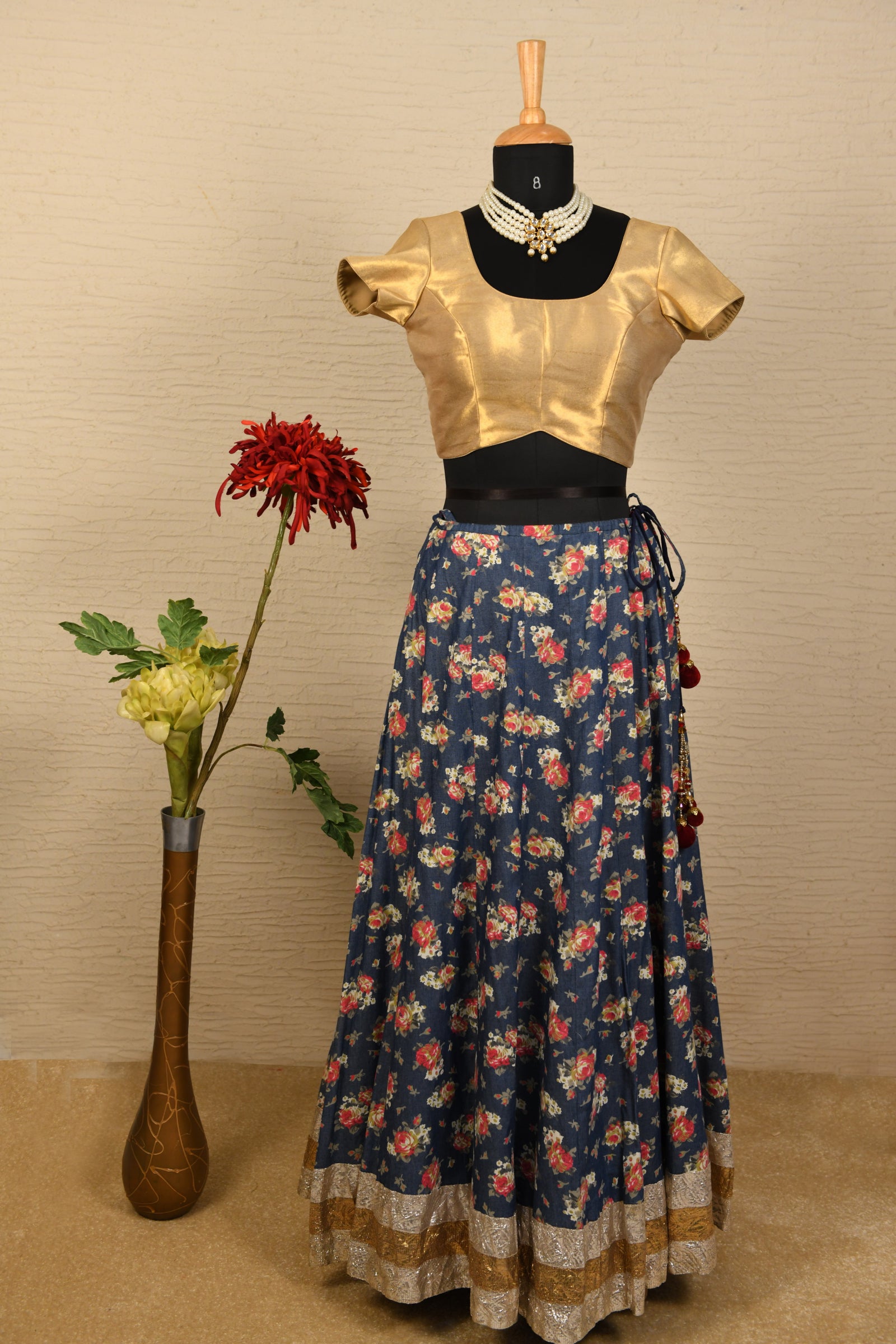 Gold and light floral lehenga