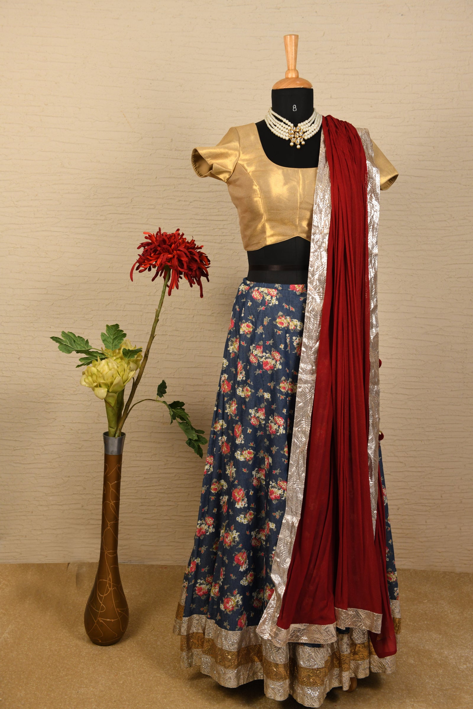 Gold and light floral lehenga