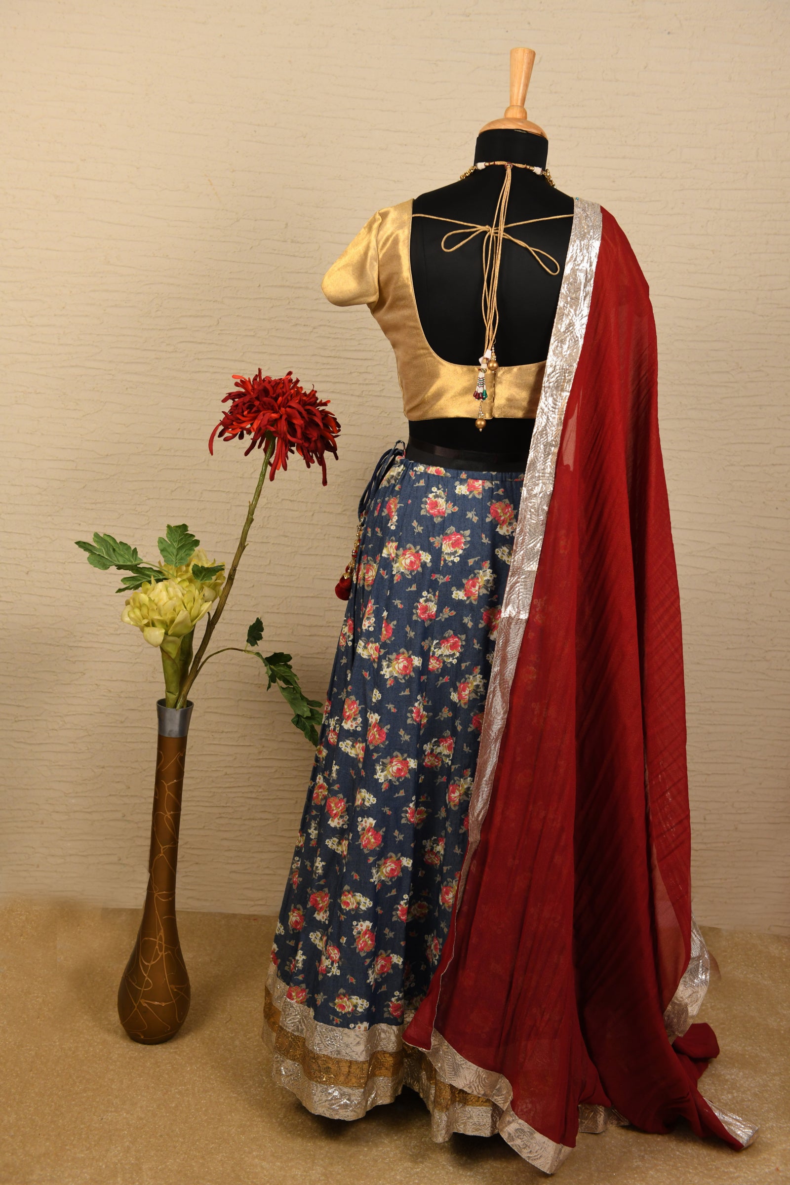 Gold and light floral lehenga