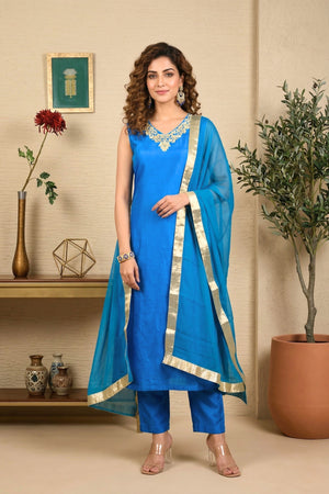 Blue silk suit