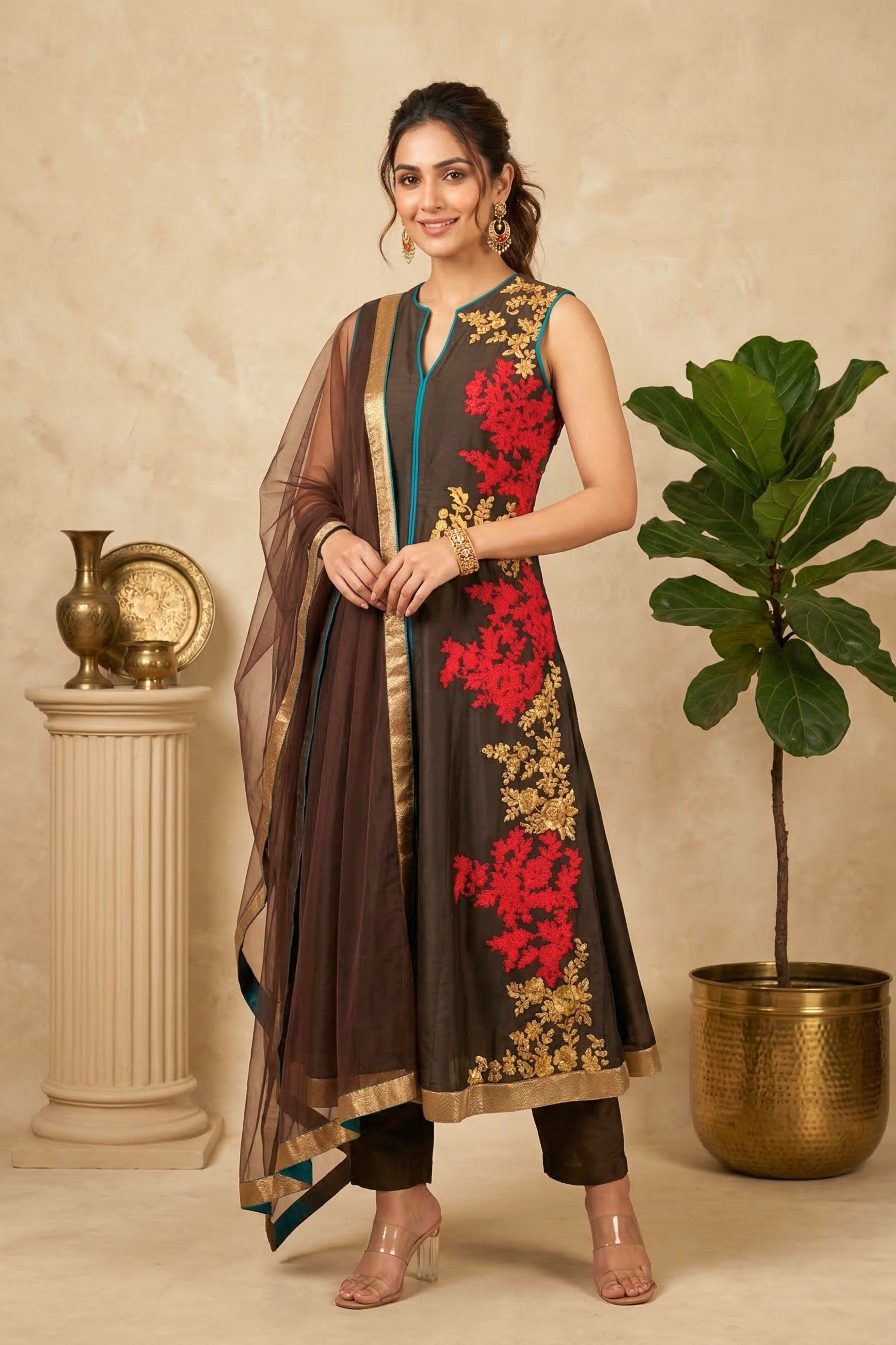 Chocolate brown light kali threadwork suit
