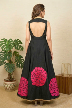 Black applique silk gown