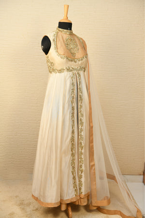 Pearl white and gold Chanderi Anarkali