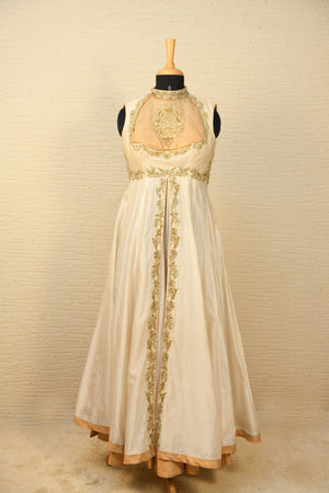 Pearl white and gold Chanderi Anarkali