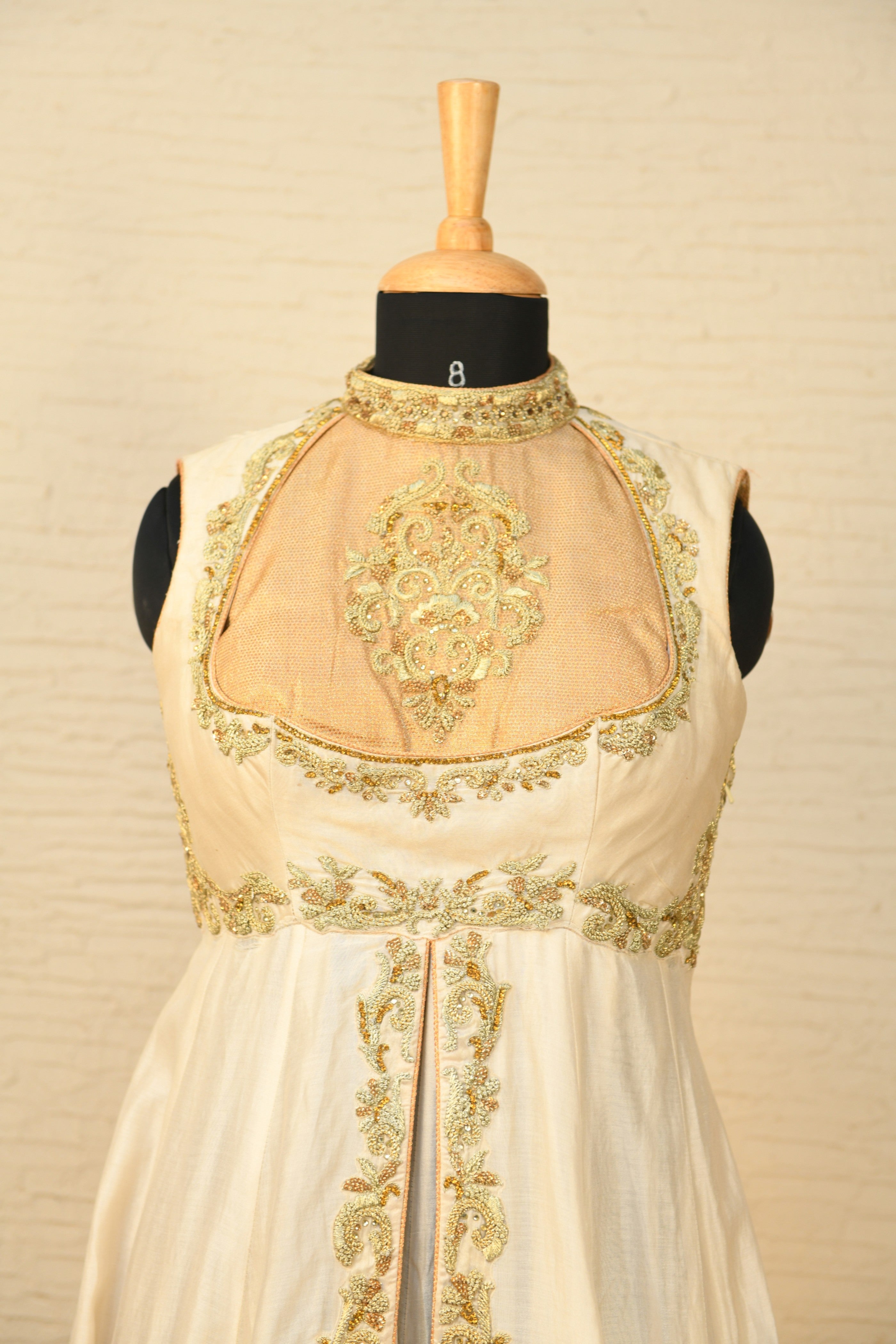 Pearl white and gold Chanderi Anarkali
