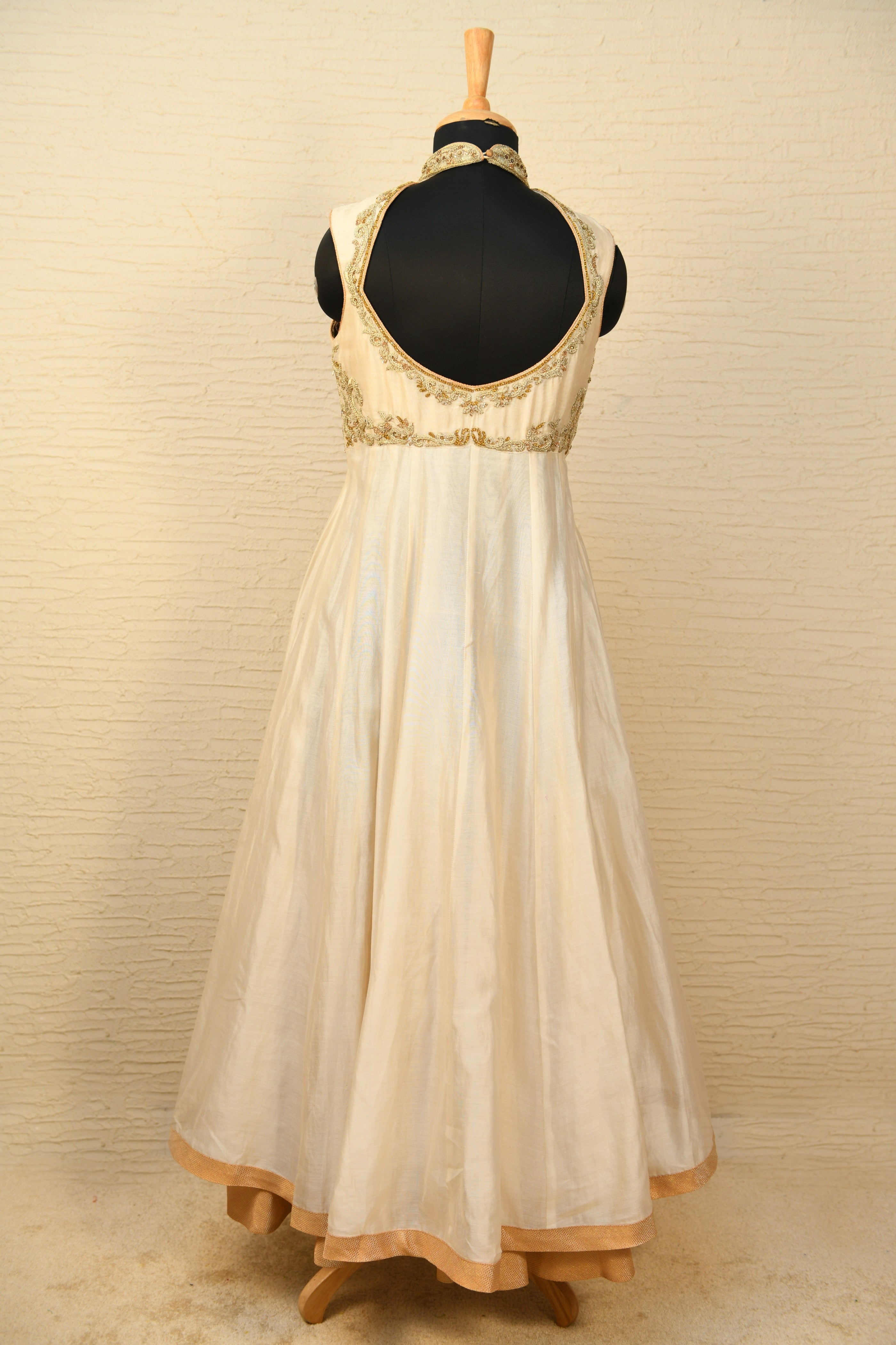 Pearl white and gold Chanderi Anarkali