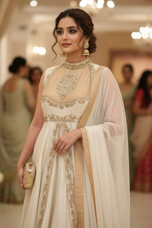 Pearl white and gold Chanderi Anarkali