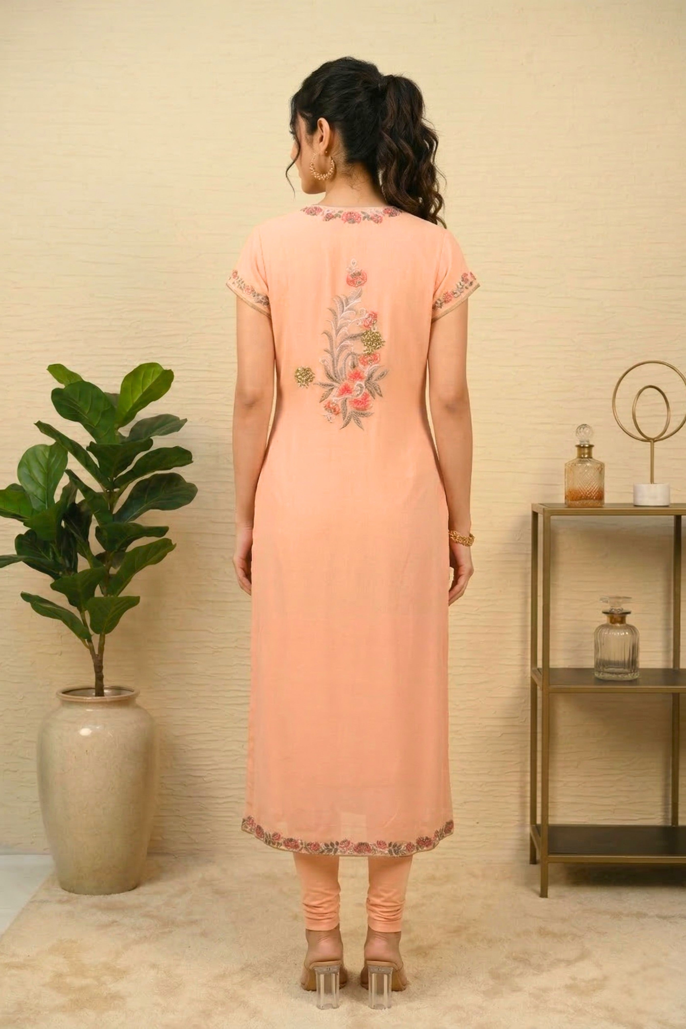 Baby pink georgette threadwork suit