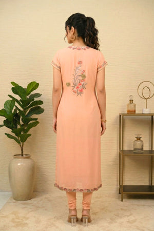 Baby pink georgette threadwork suit