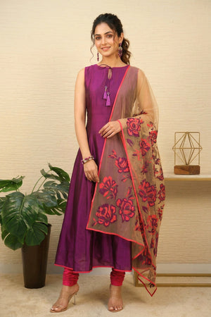 Purple Applique work silk Anarkali