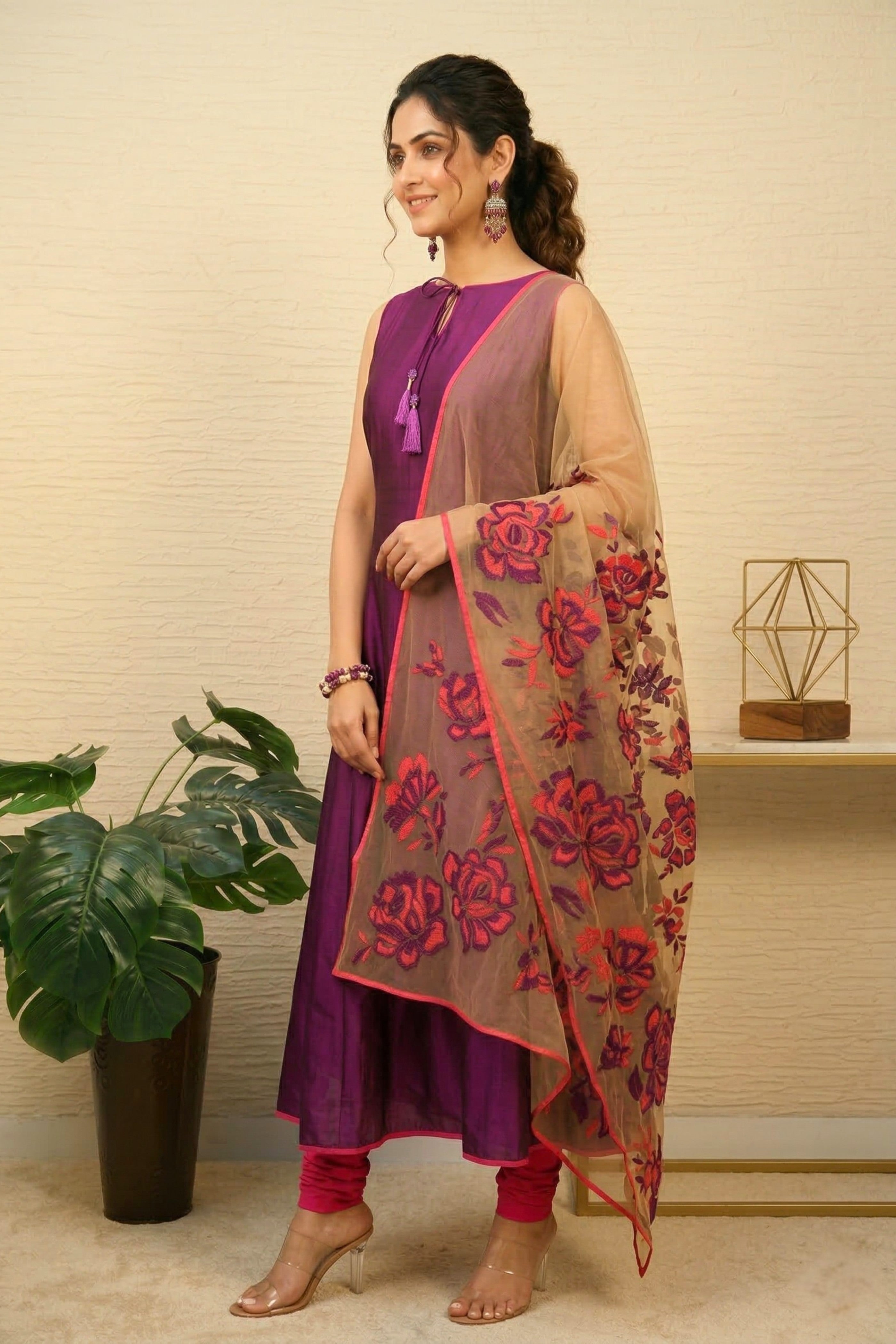 Purple Applique work silk Anarkali