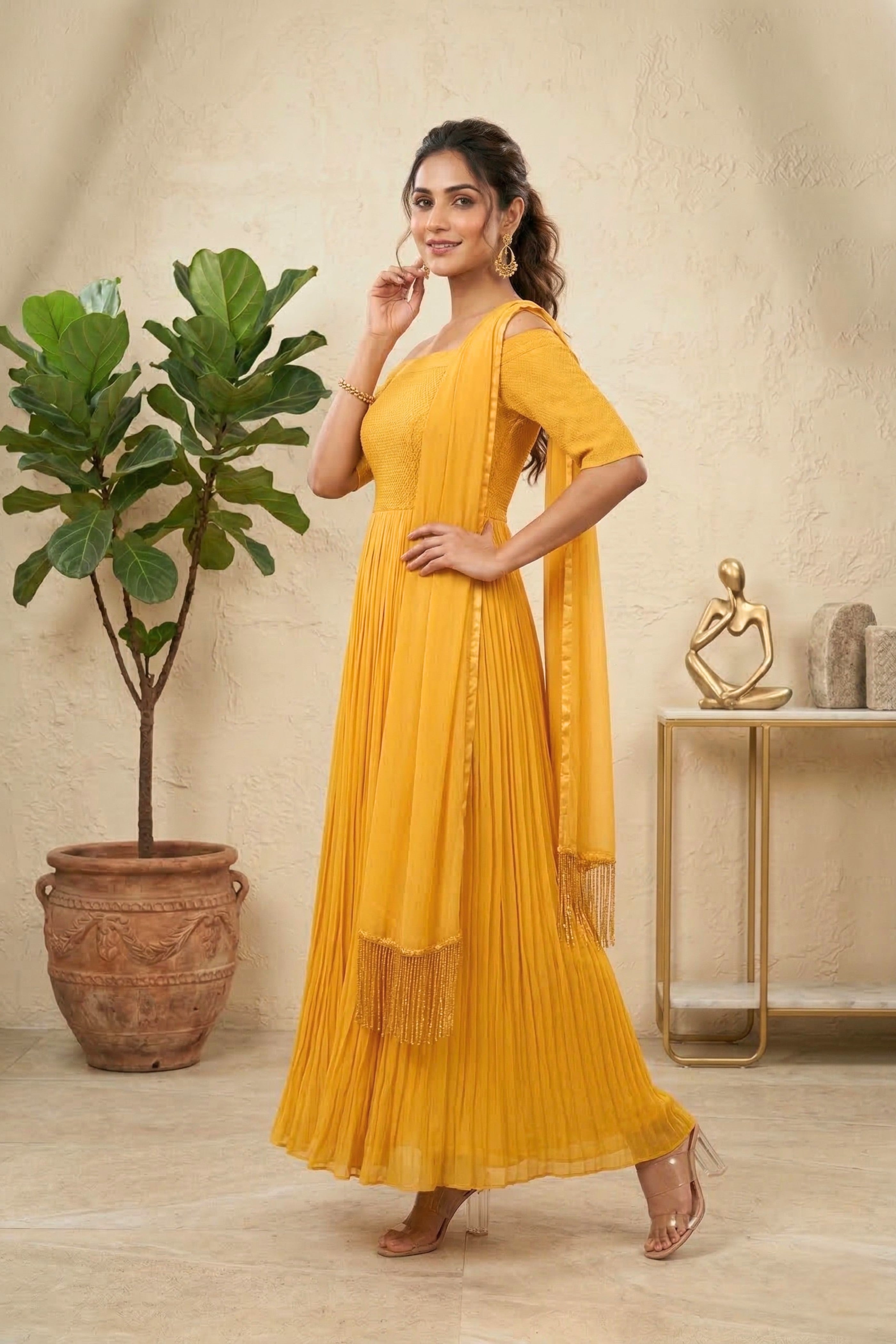 Sunshine yellow chiffon off shoulder gown