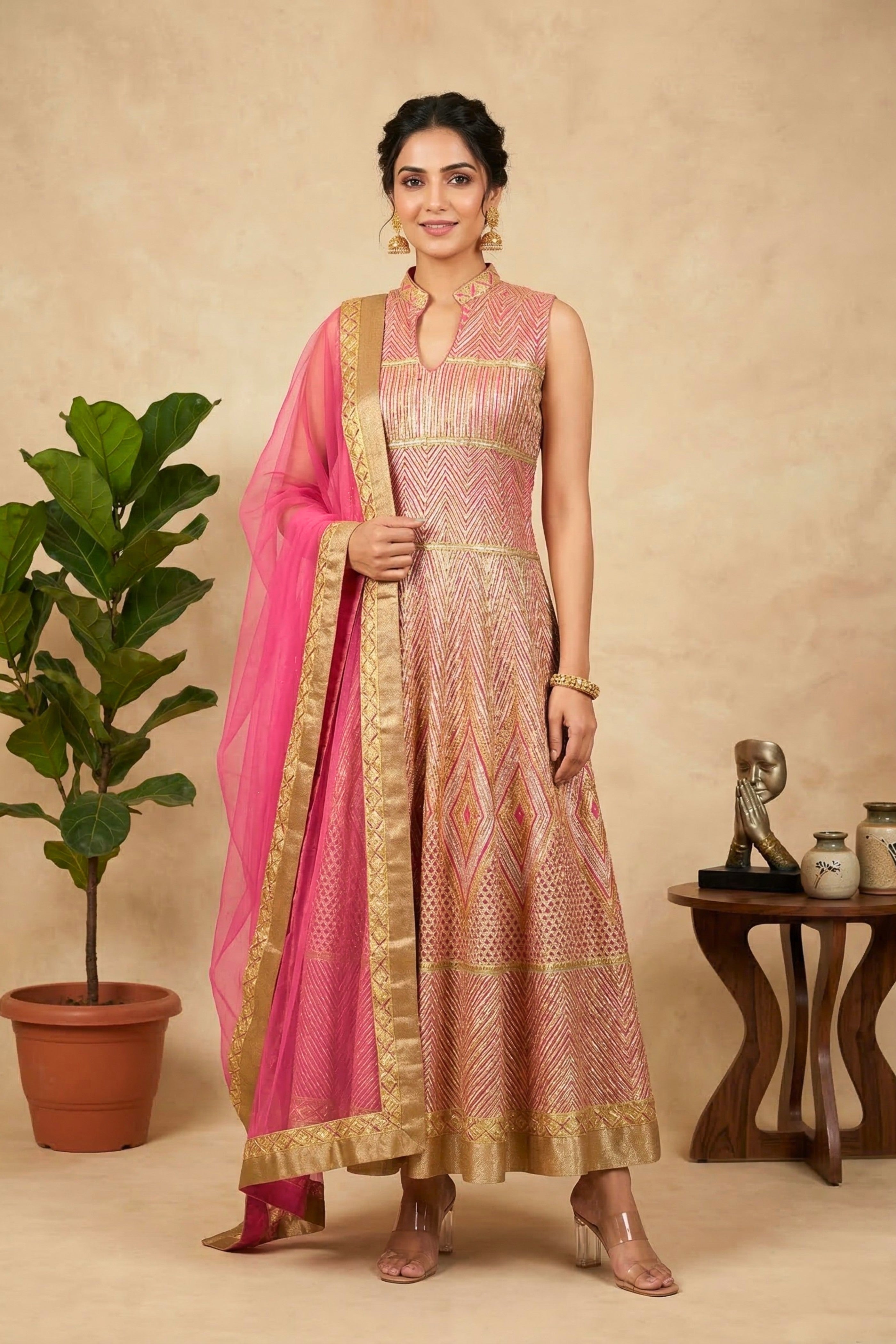 Pink fine gota light weight gown anarkali