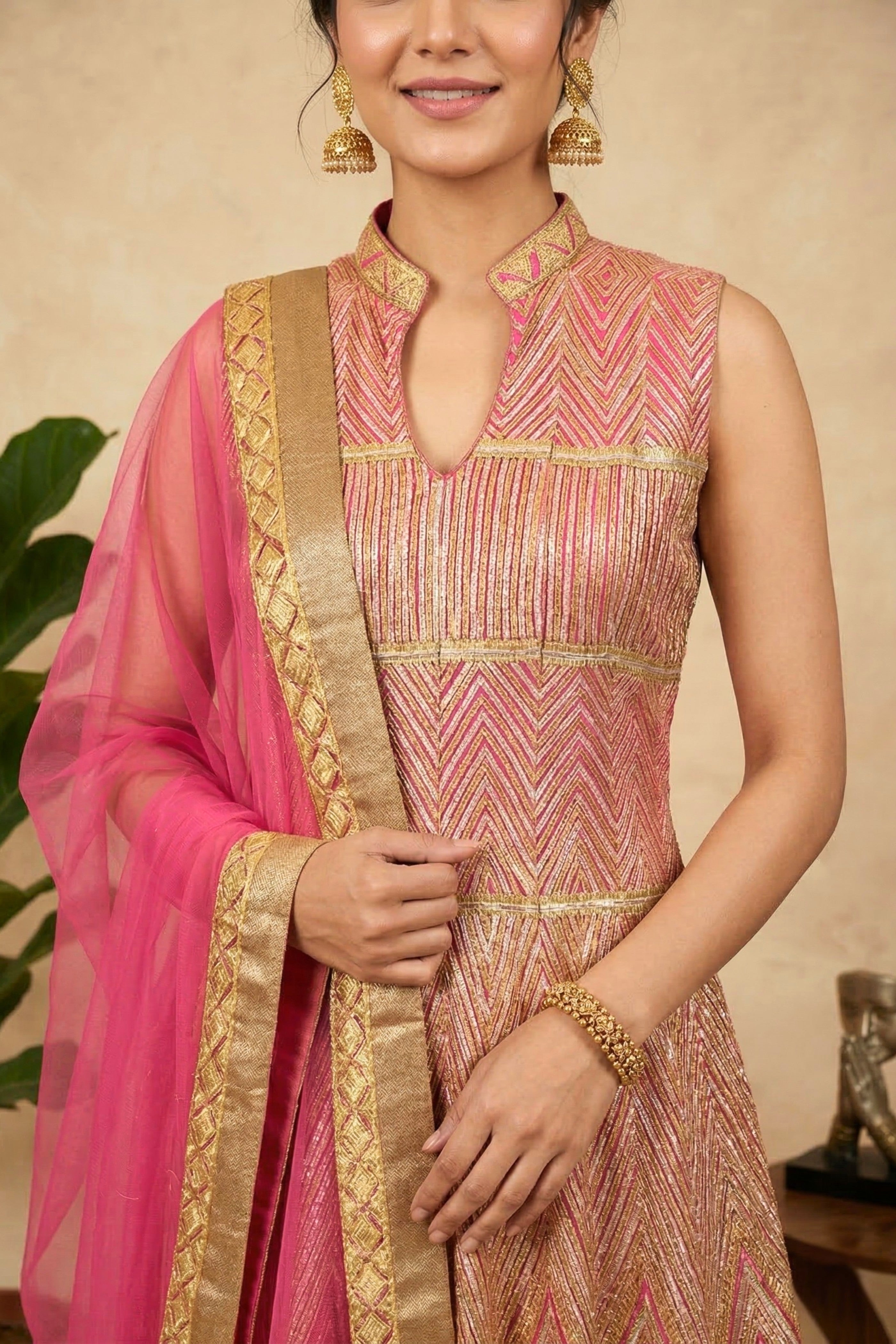 Pink fine gota light weight gown anarkali