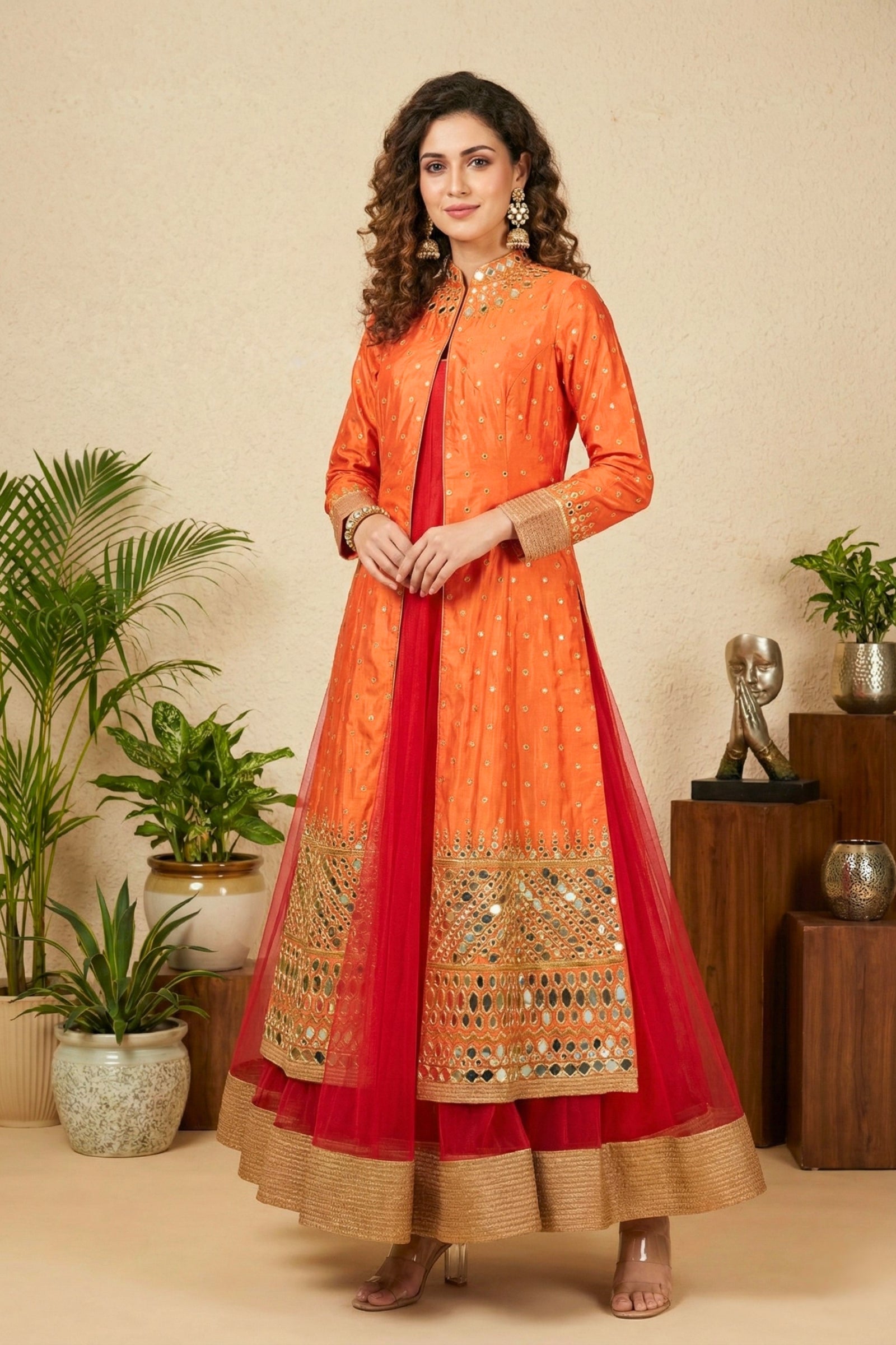 Orange regal mirror embroidered jacket suit