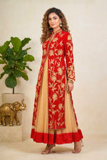 Deep red and gold jacket style velvet anarkali suit