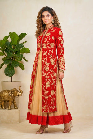 Deep red and gold jacket style velvet anarkali suit