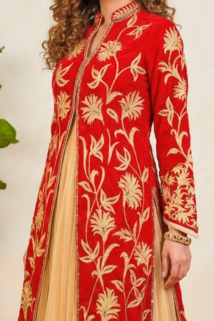 Deep red and gold jacket style velvet anarkali suit