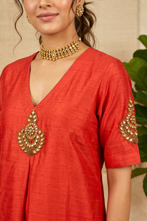 Radiant Red Raw Silk Kurti Set with Kundan Motifs