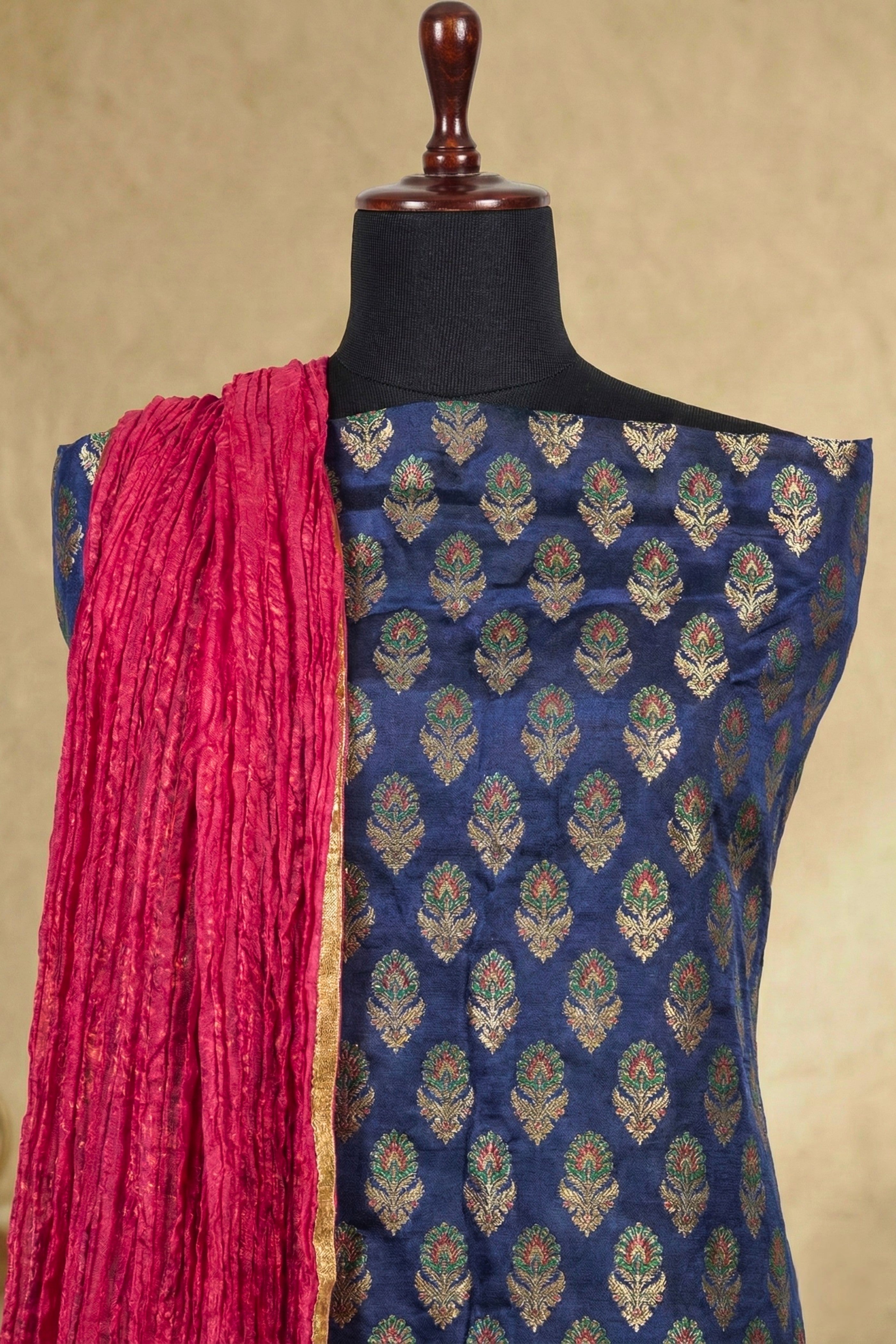 Royal Blue Brocade Unstitched Suit Set with Crushed Fuchsia Dupatta