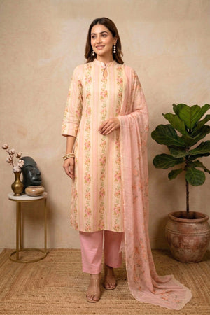 Pastel Pink Floral Stripe Swiss Cotton Suit with Chiffon Dupatta
