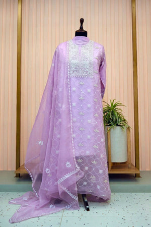 Lilac Organza Chikankari Suit Set