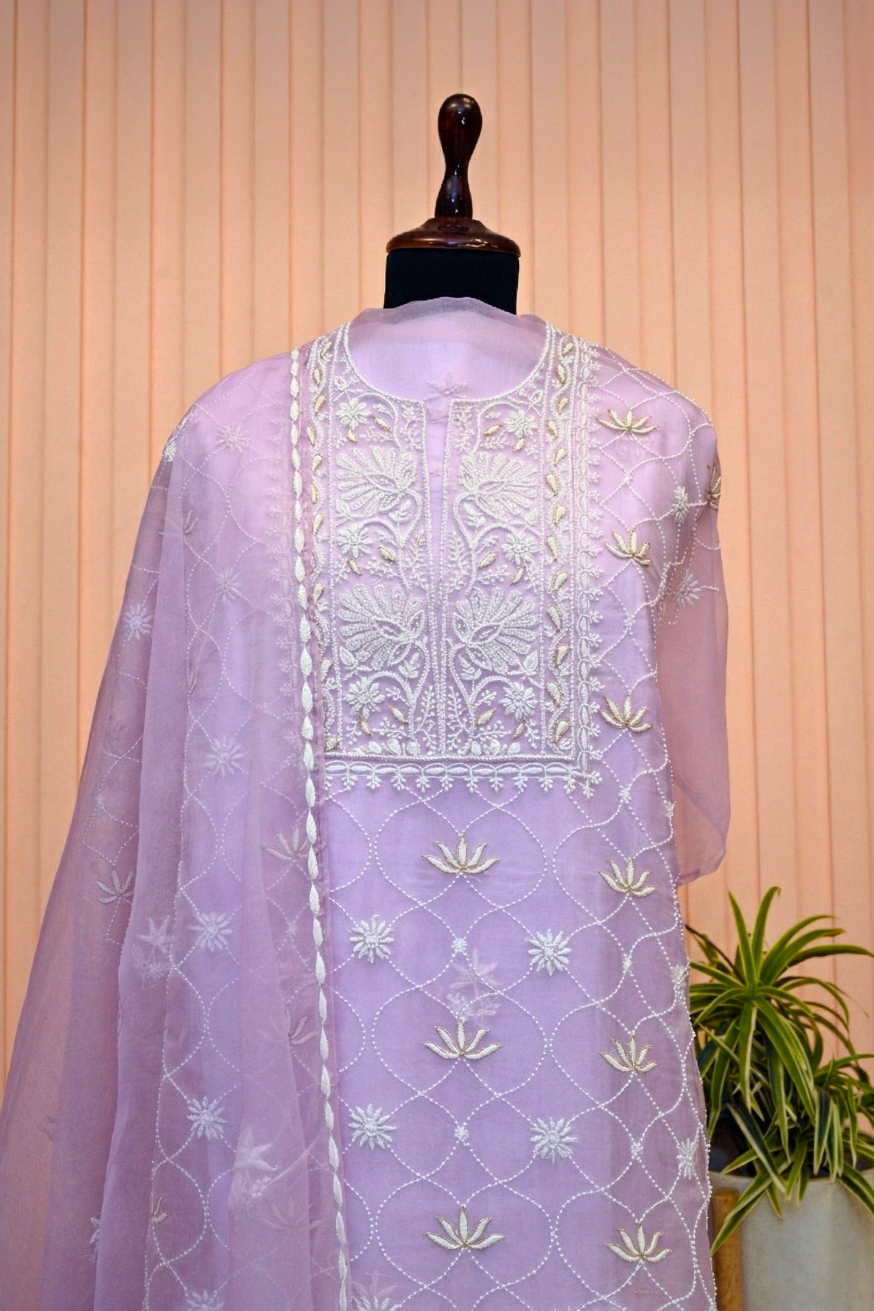 Lilac Organza Chikankari Suit Set