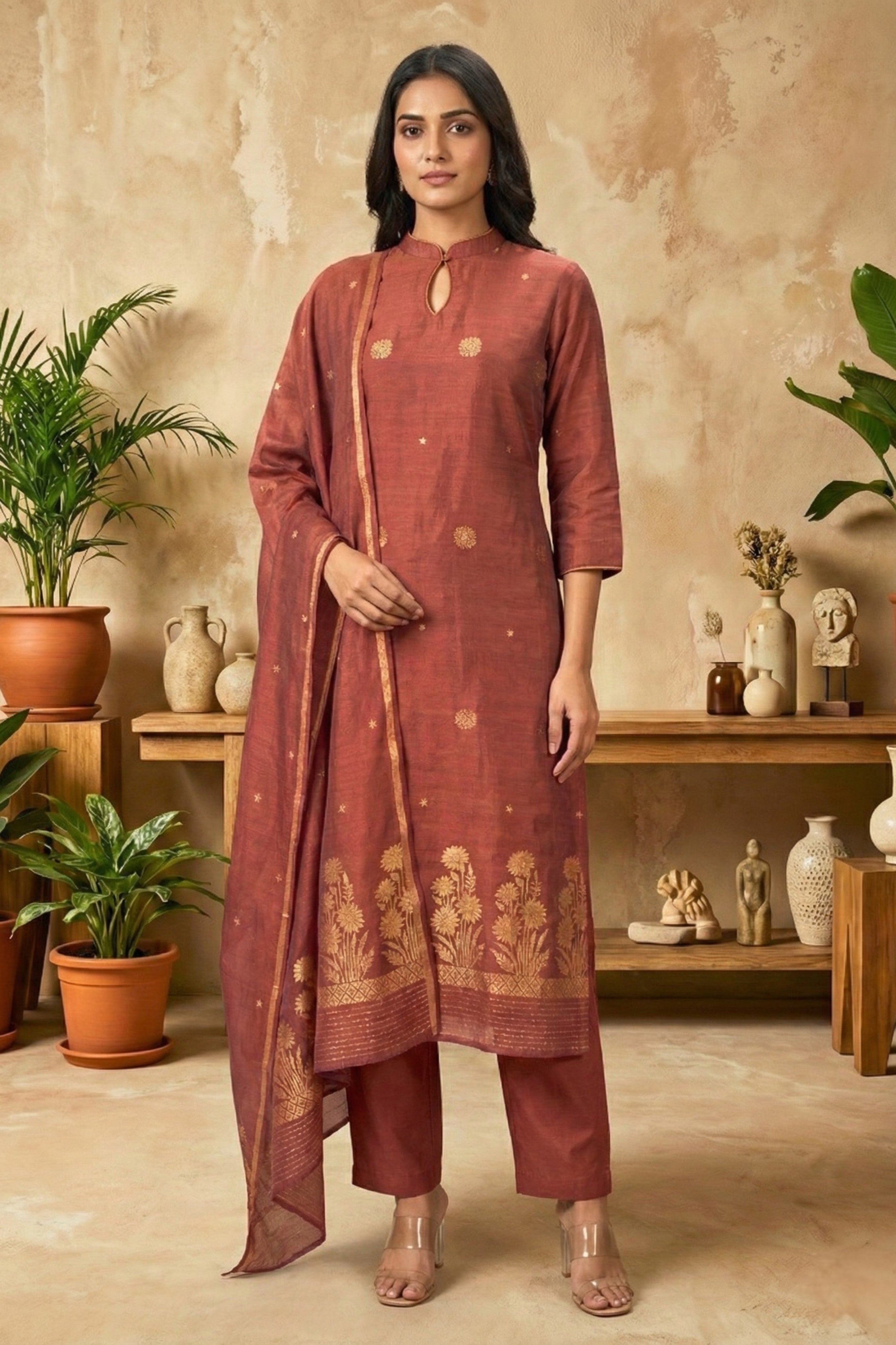 Chestnut Brown Fine Silk Suit Set