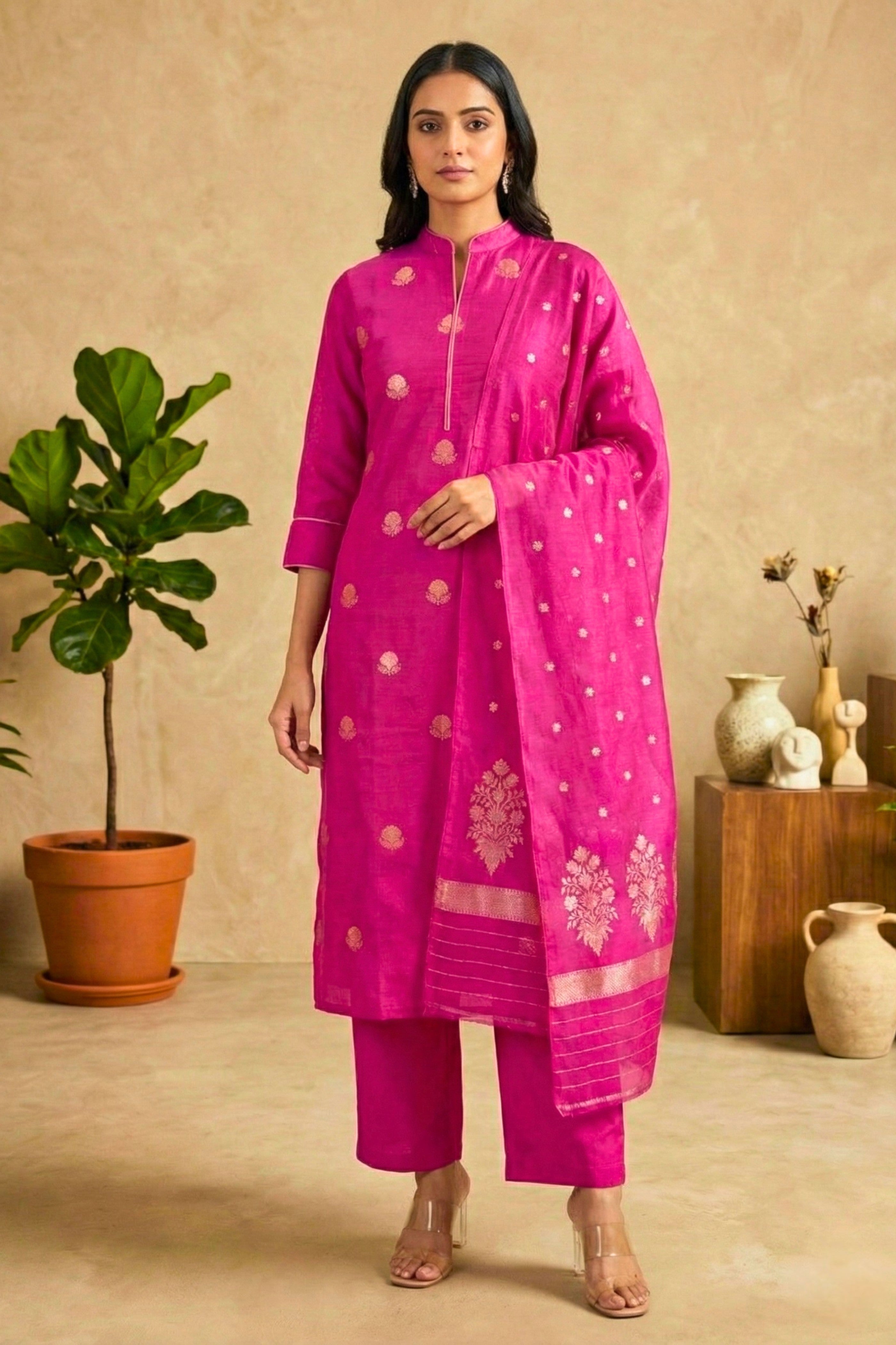 Magenta Pink Fine Silk Suit Set