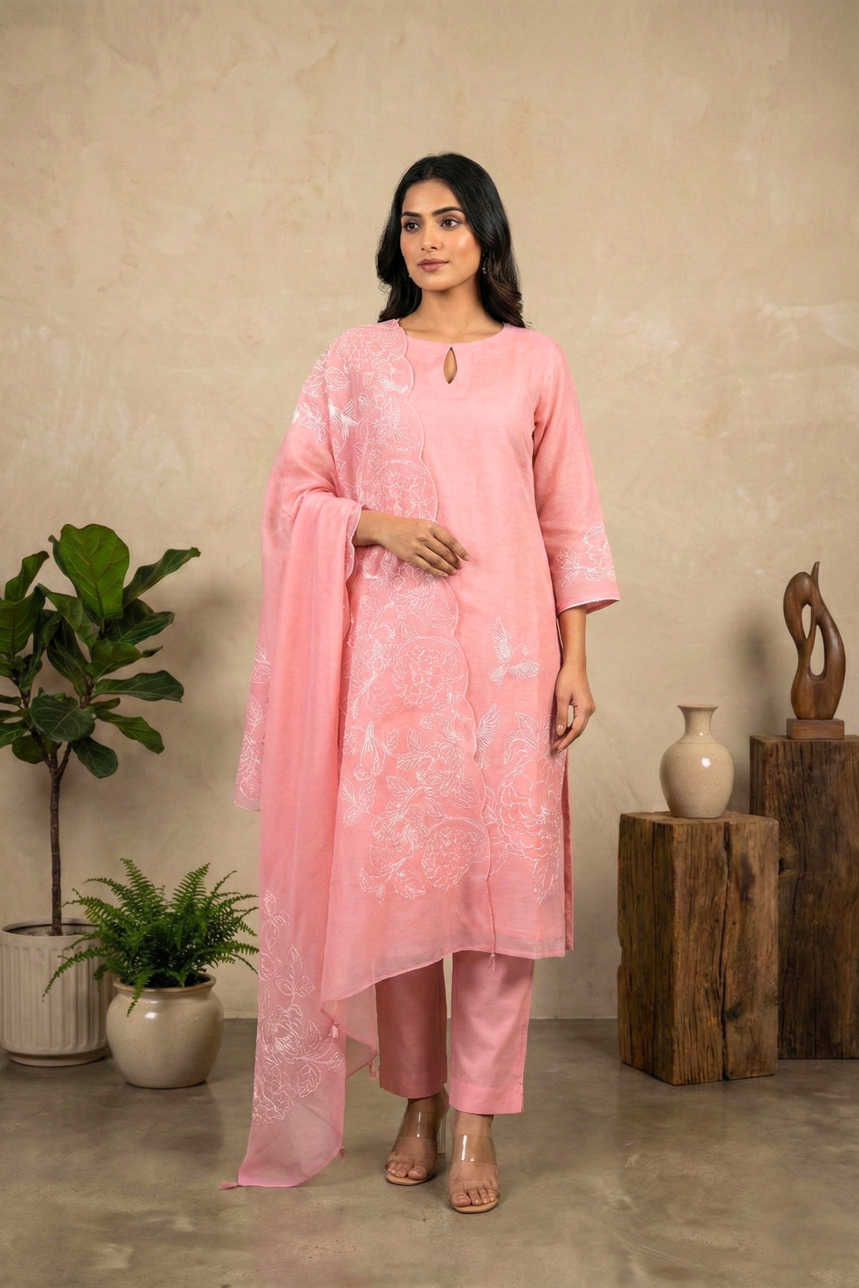 Blush Pink Chanderi Unstitched Suit Set