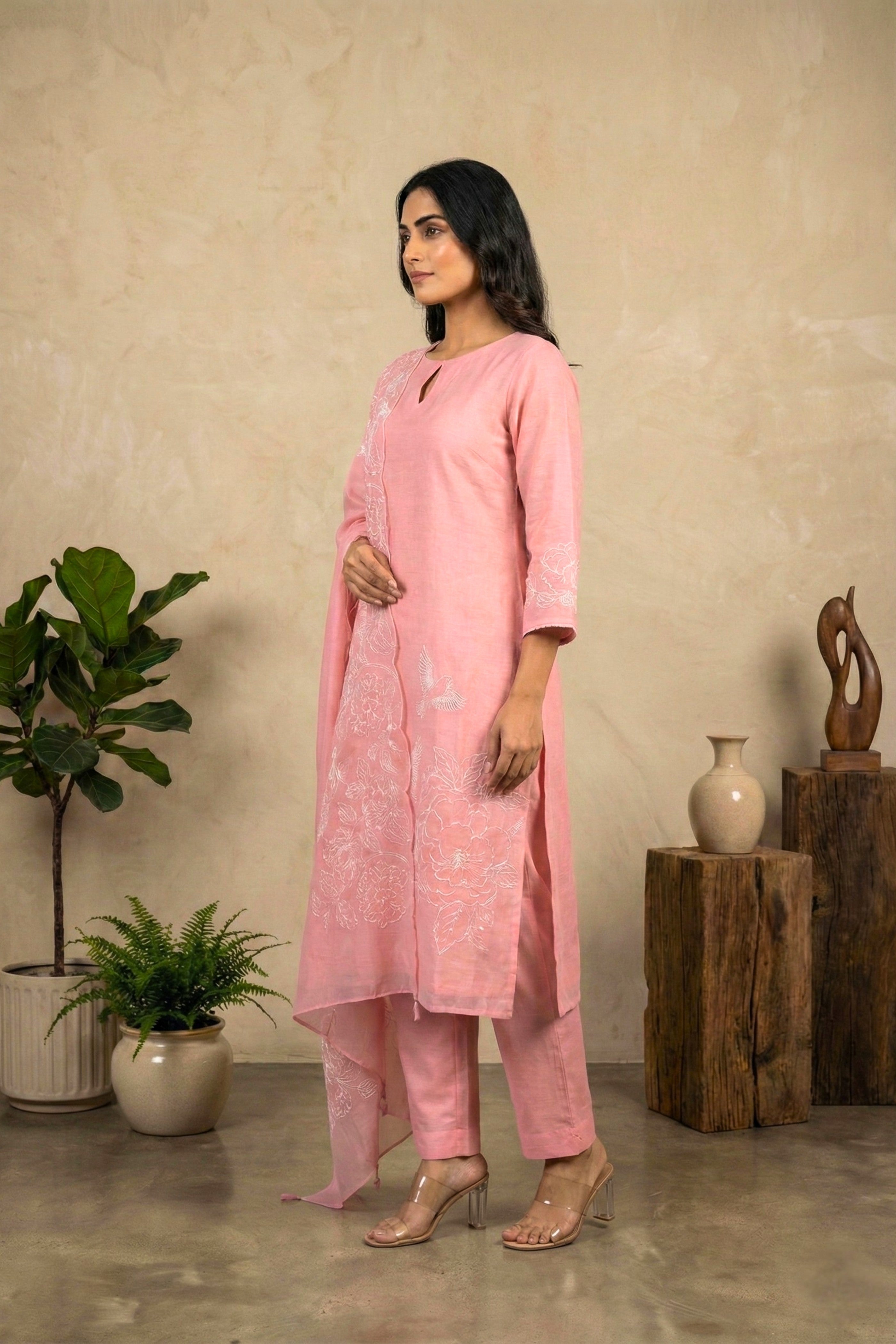 Blush Pink Chanderi Unstitched Suit Set